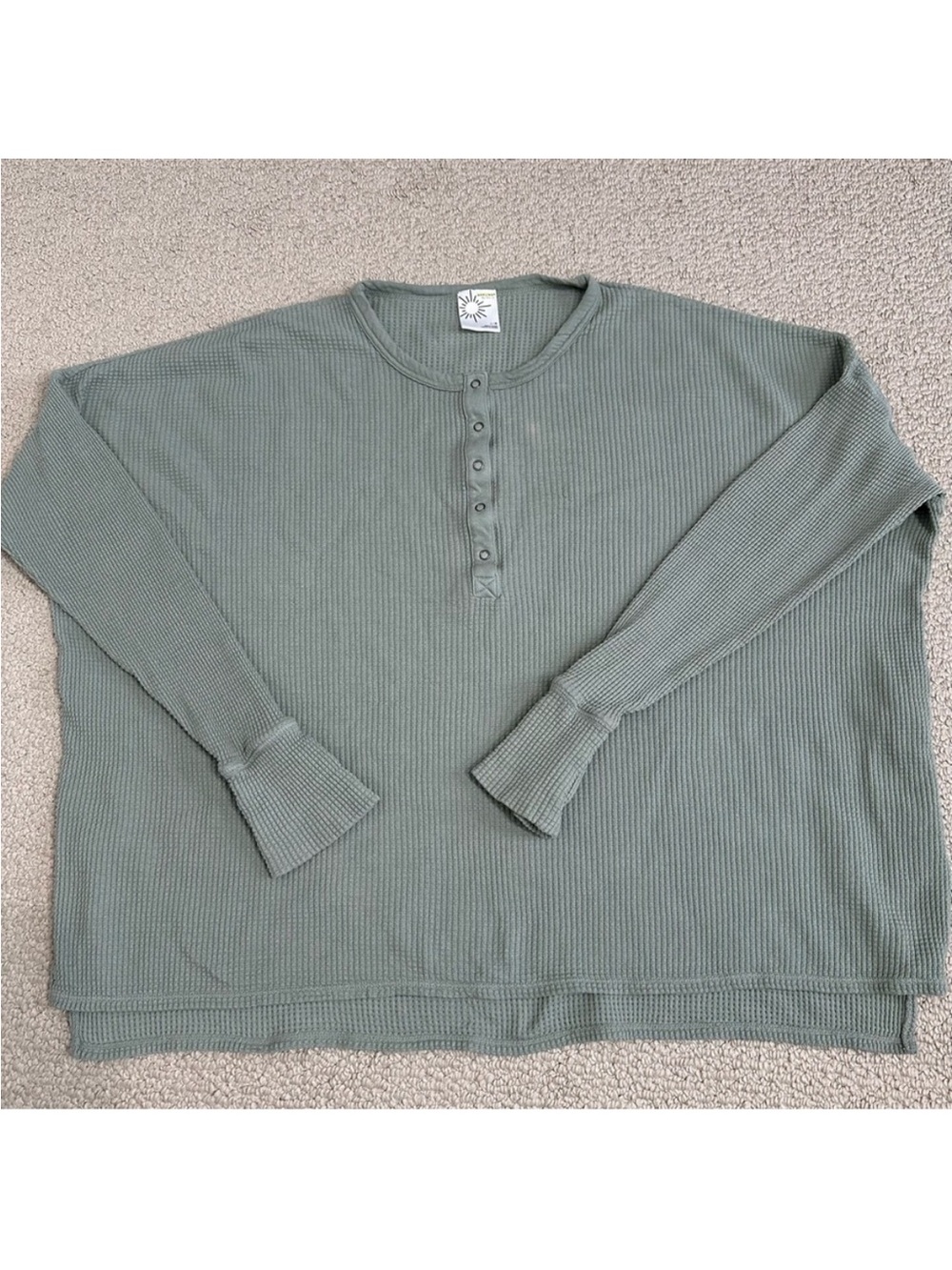 Aerie Green Waffle Knit Henley Shirt L‎ Boxy